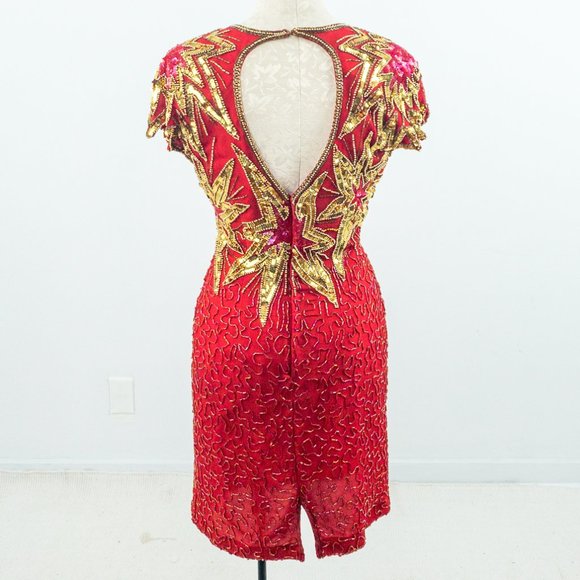 Vintage 80s 90s S/M July 4th Fireworks Silk Party Beaded Dress Holiday Stars - Picture 13 of 16